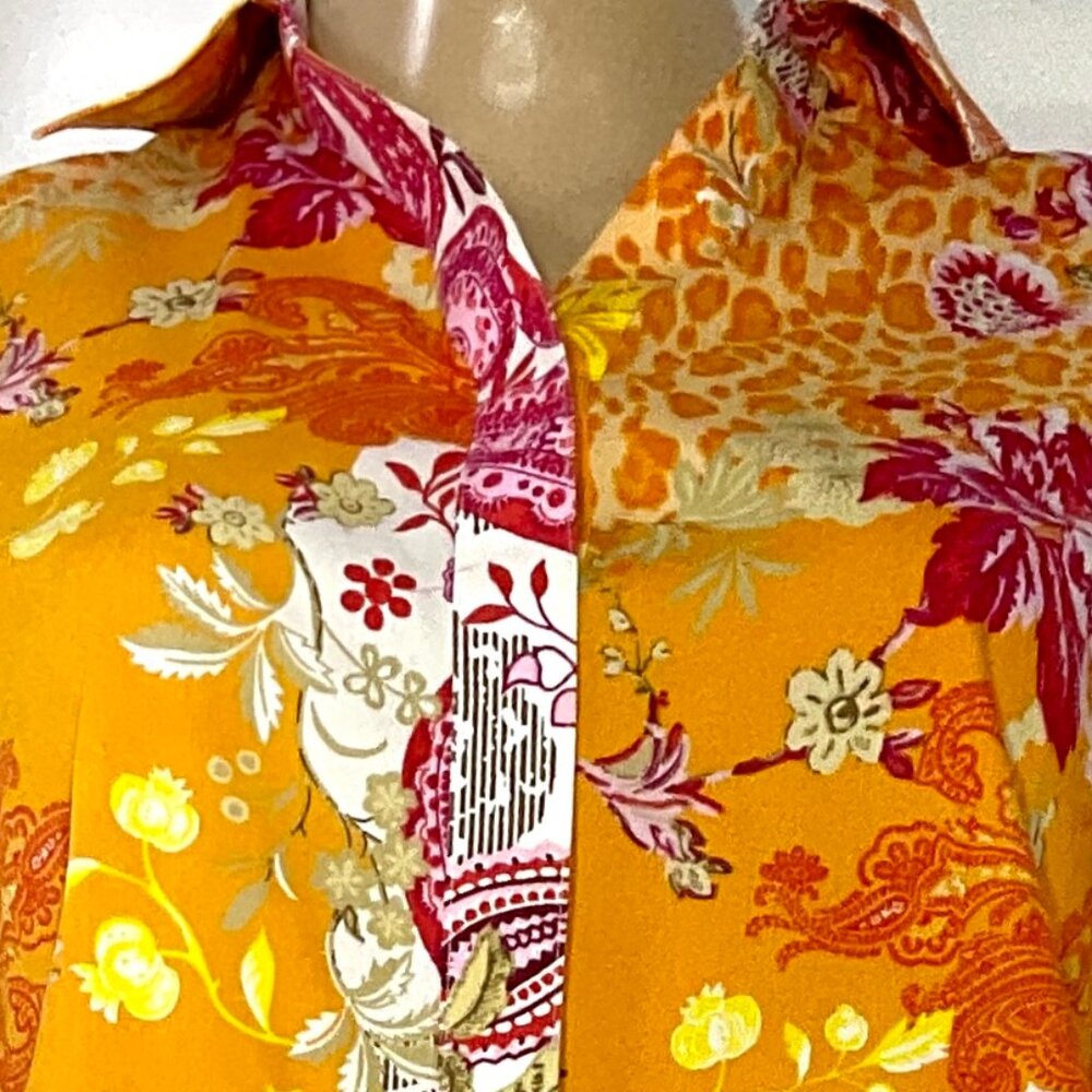 Chicos Sz 1 (Med) Orange Floral/Leopard Button Up Shirt 3/4 Sleeves Womens